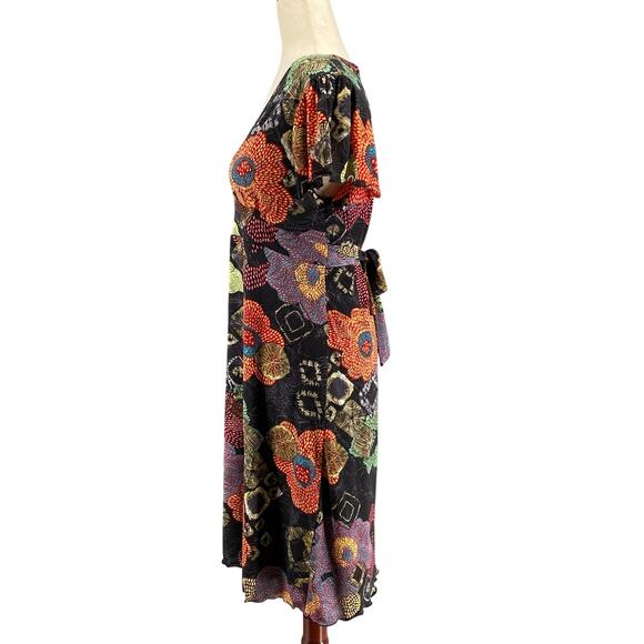 Endless Knot Art V Neck Fit Flare Abstract Floral Flutter Sleeve Dress Womens L - Picture 4 of 16